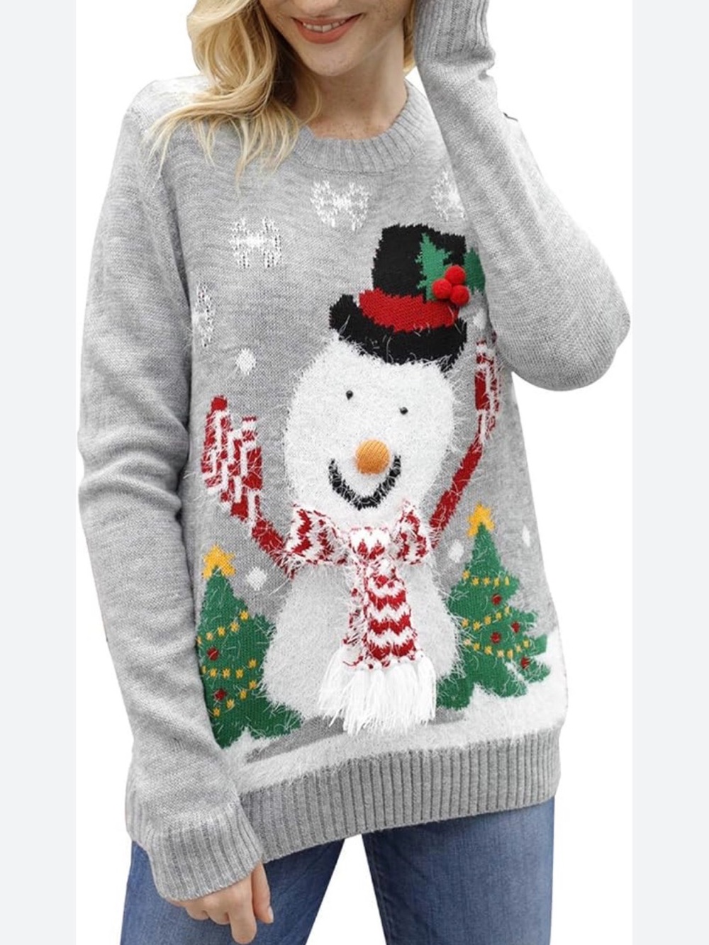 Amazon Grey Snowman Crew Neck Sweater with Red, Green & Yellow Accents